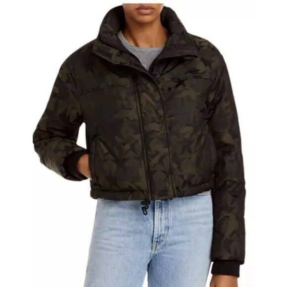 Women’s Bagatelle. NYC Coated Camo / Orange Puffer Jacket Cropped Zipper Size S - Picture 1 of 16